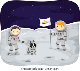 Illustration of Kids Wearing Space Suits Walking on the Moon