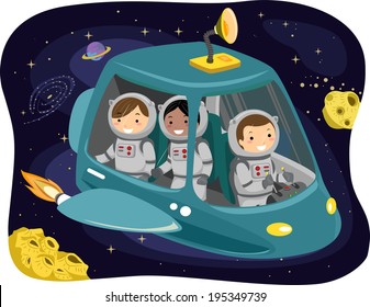 Illustration of Kids Wearing Space Suits Riding a Space Ship