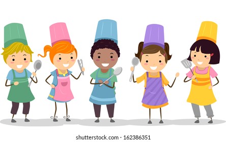 Illustration of Kids Wearing Toques and Aprons Holding Cooking Utensils