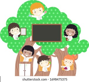 Illustration of Kids Wearing White Coats and Goggles Waving From Inside Trees