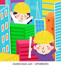 Illustration of Kids Wearing Yellow Construction Hard Hats, Holding Building Plans with City Buildings