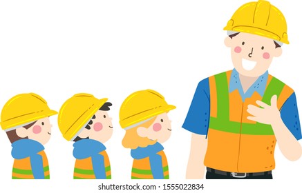 Illustration of Kids Wearing Yellow Hard Hat and Reflective Vest Listening to an Engineer Talking