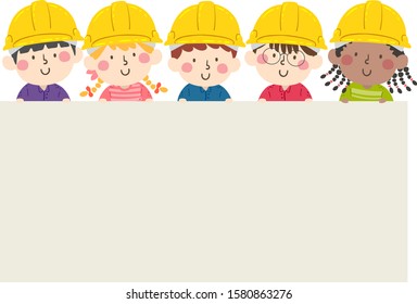 Illustration of Kids Wearing Yellow Hard Hats as Engineers Holding a Blank Board - Powered by Shutterstock - Get 15% off with code: PIKWIZARD15