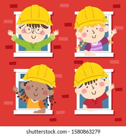 Illustration of Kids Wearing Yellow Hard Hats as Engineers Waving from Inside the Windows of a Building