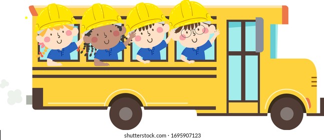 Illustration Of Kids Wearing Yellow Hard Hats Waving From Inside A Yellow School Bus