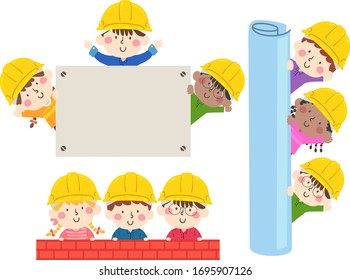 Illustration of Kids Wearing Yellow Hard Hats Holding Blank Board, Blue Print and Standing with Red Brick Wall - Powered by Shutterstock - Get 15% off with code: PIKWIZARD15