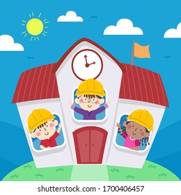 Illustration of Kids Wearing Yellow Hard Hats Waving from Inside their School Building