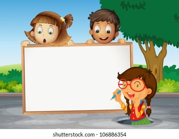 illustration of kids and white board on the road