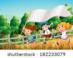 Illustration of the kids at the woods with an empty banner