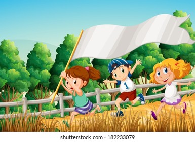 Illustration of the kids at the woods with an empty banner