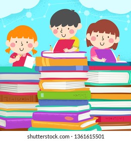 Illustration of Kids Writing Notes on Top of a Stack of Books