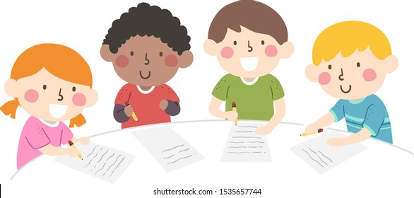 Illustration Of Kids Writing On Paper In One Table As A Group