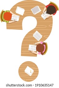 Illustration Of Kids Writing On A Wooden Table Shaped Like A Question Mark