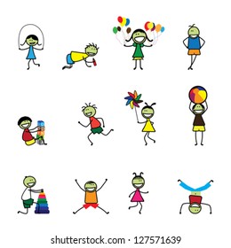 Illustration of kids(children) playing and having fun at school. The girls and boys are skipping, playing ball and balloons, running, jumping, alphabet blocks, and other fun activities