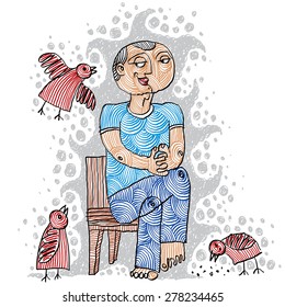 Illustration of a kind person sitting on a chair and feeding birds. Hand-drawn.