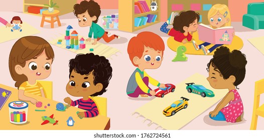 Illustration of the kindergarten class and children's activity in the kindergarten. Multicultural Kids reading books, playing with wooden blocks and toy cars, sculpt clay figures