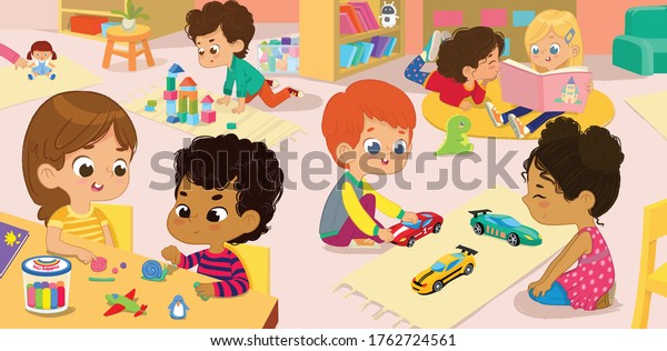 Illustration of\
the kindergarten class and children\'s activity in the kindergarten.\
Multicultural Kids reading books, playing with wooden blocks and\
toy cars, sculpt clay\
figures