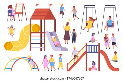 Illustration of kindergarten with playground and lots of playground equipment. The teacher & the child. Girl learns to draw on an easel. Guys playing football. Girl with skipping rope. Nursery school