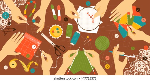 Illustration kinds of handwork. Workplace. Top view