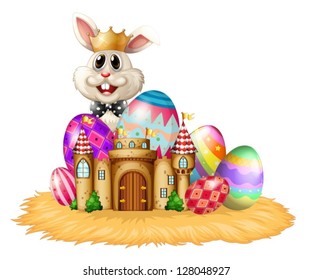 Illustration of a king bunny with easter eggs on a white background