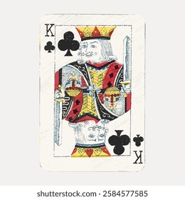 Illustration of a King of Clubs playing card, featuring a stylized king holding a sword. The King of Clubs is a classic card design in a deck of cards. Vintage art illustration, vector.