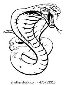 An illustration of a king cobra snake in black and white