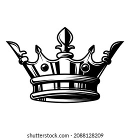 Illustration of king crown in monochrome style. Design element for logo, emblem, sign, poster, t shirt. Vector illustration