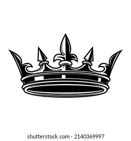 Illustration of king crown in monochrome style. Design element for logo, emblem, sign, poster, t shirt. Vector illustration