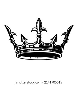 Illustration of king crown in monochrome style. Design element for logo, emblem, sign, poster, t shirt. Vector illustration