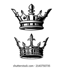 Illustration of king crown in monochrome style. Design element for logo, emblem, sign, poster, t shirt. Vector illustration