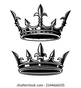 Illustration of king crown in monochrome style. Design element for logo, emblem, sign, poster, t shirt. Vector illustration