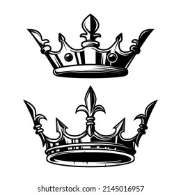 Illustration of king crown in monochrome style. Design element for logo, emblem, sign, poster, t shirt. Vector illustration