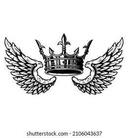 Illustration of king crown and wings in monochrome style. Design element for logo, emblem, sign, poster, t shirt. Vector illustration