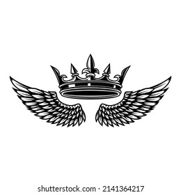 Illustration of king crown and wings in monochrome style. Design element for logo, emblem, sign, poster, t shirt. Vector illustration