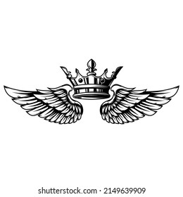 Illustration of king crown and wings in monochrome style. Design element for logo, emblem, sign, poster, t shirt. Vector illustration
