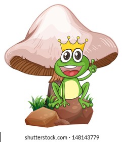 Illustration of a king frog near the giant mushroom on a white background