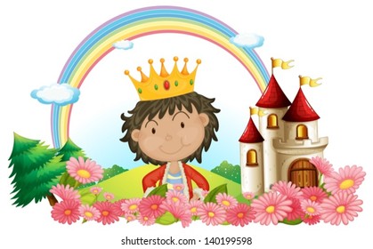 Ilustração de um rei em frente a um castelo sobre um fundo branco