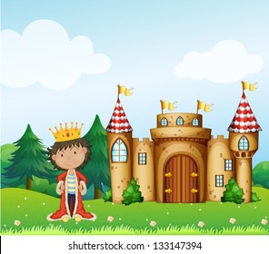 Illustration of king in front of his castle