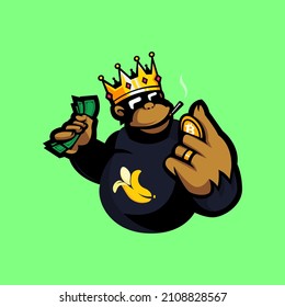 Illustration of king gorilla rich brings crypto coins and money svg