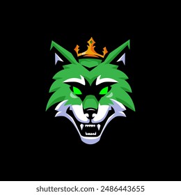 Illustration of king green wolf mascot logo for team sports gaming and t shirt printing.

