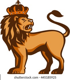 Illustration of an king lion with crown looking to the side set on isolated white background viewed from front done in retro style. 
