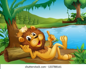 Illustration of a king lion lying in a trunk at the riverside
