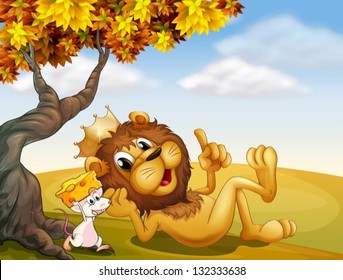 Illustration of a king lion and a mouse under the tree