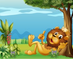 Illustration Of A King Lion Relaxing Under A Big Tree