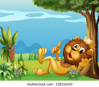 Illustration of a king lion relaxing under a big tree