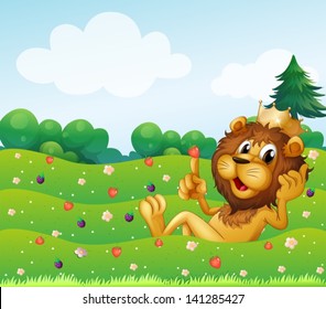 Illustration of a king lion at the top of the hill