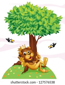 Illustration of a king lion and the two birds on a white background