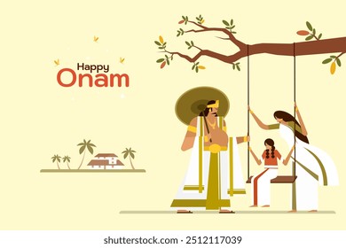 Illustration of King Mahabali with a family sitting in a swing. Concept for Onam festival in Kerala