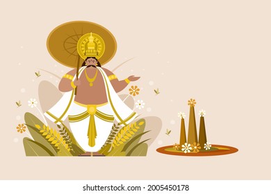 Ilustración del rey Mahabali sosteniendo el paraguas con diseños florales de Onam. Onam es un festival de cosecha en Kerala, India.