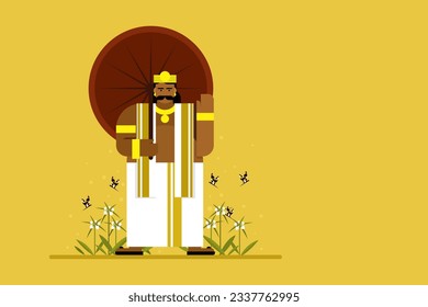 Illustration of King Mahabali holding umbrella. Icon of Onam festival of Kerala